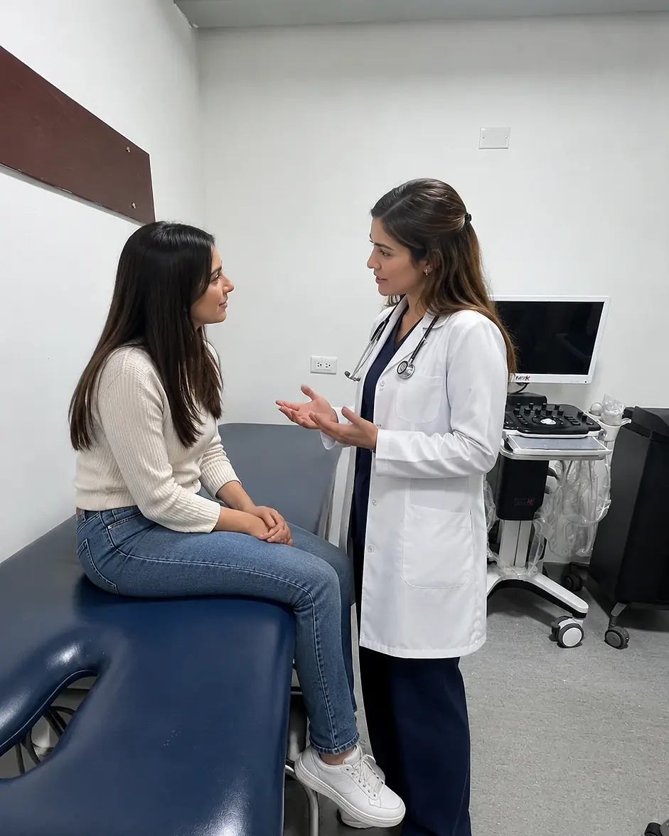 Doctora de Medik conversa con una paciente junto al ecógrafo