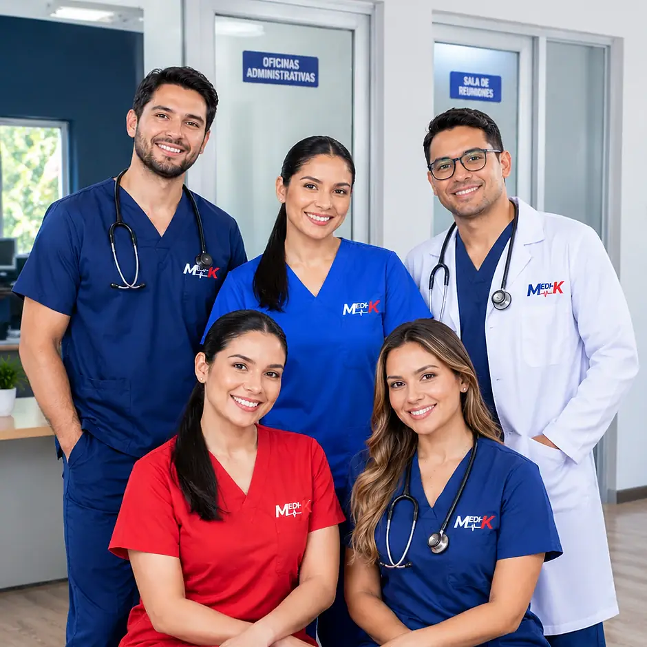 Equipo de Medik con uniformes azul y rojo en la sede