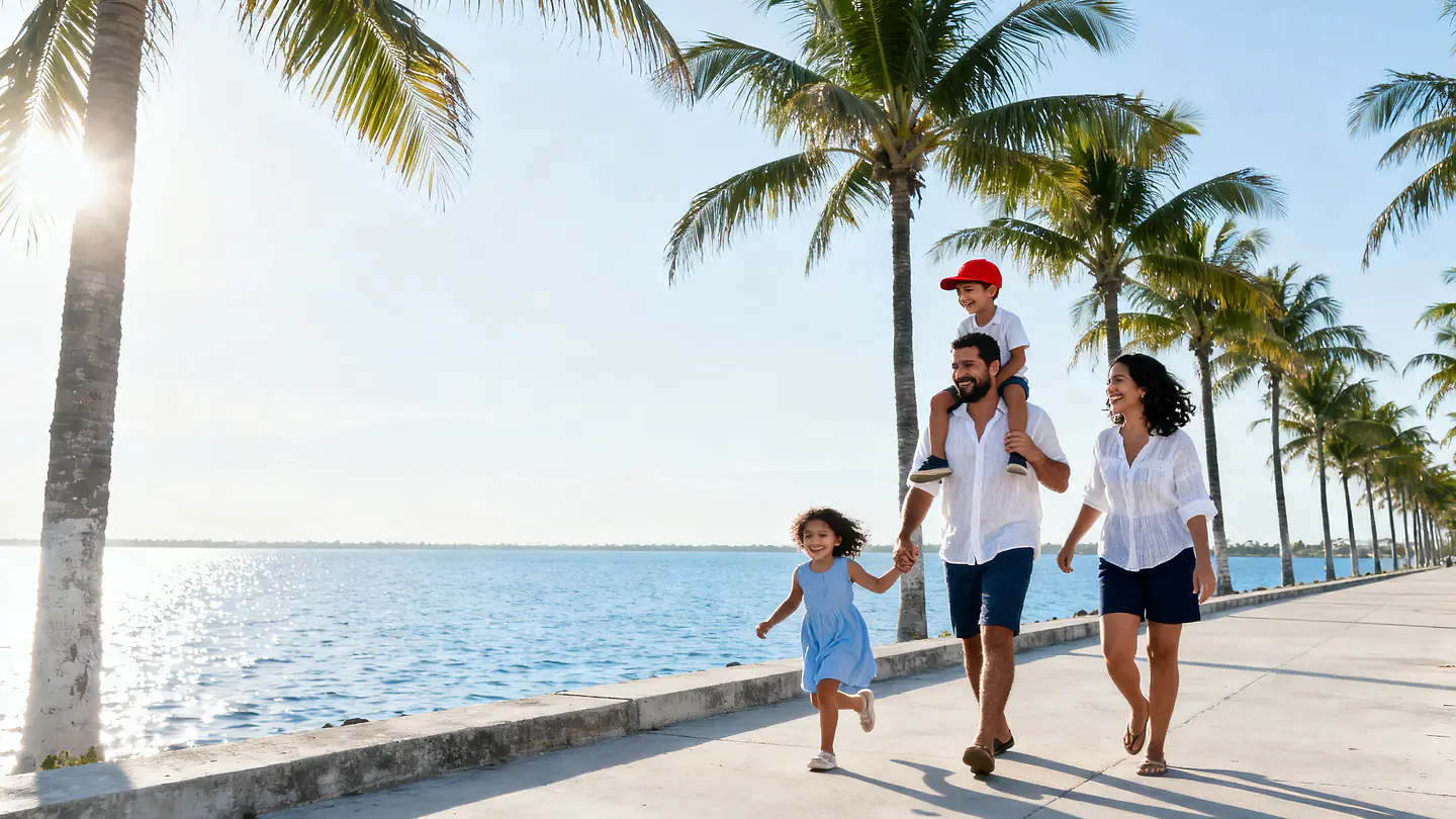 Una familia de Maracaibo camina y ríe junto al lago en la mañana